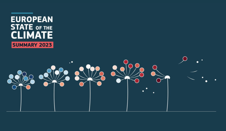 Illustrative graphic for the "european state of the climate summary 2023," depicting stylized trees with circular leaves in varying shades of blue, red, and white.